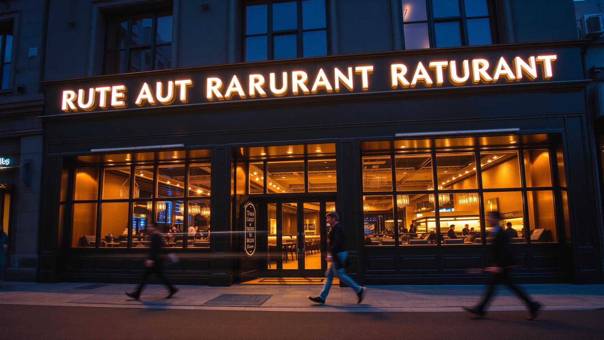 Modern restaurant storefront at blue hour