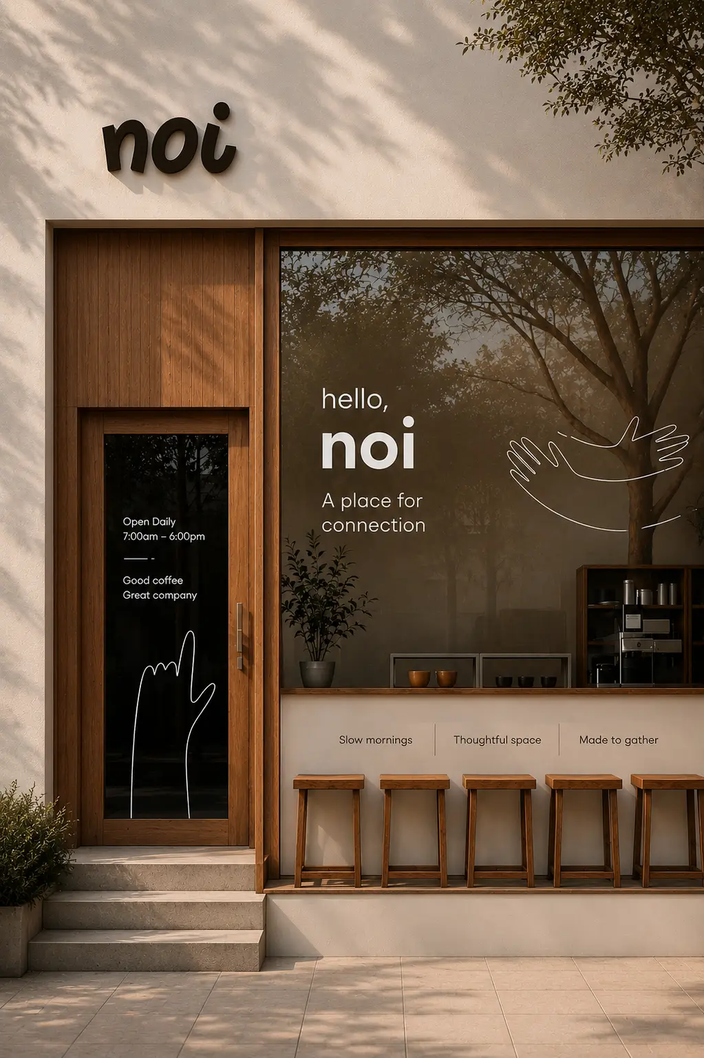 Modern boutique storefront at dusk with elegant illuminated signage